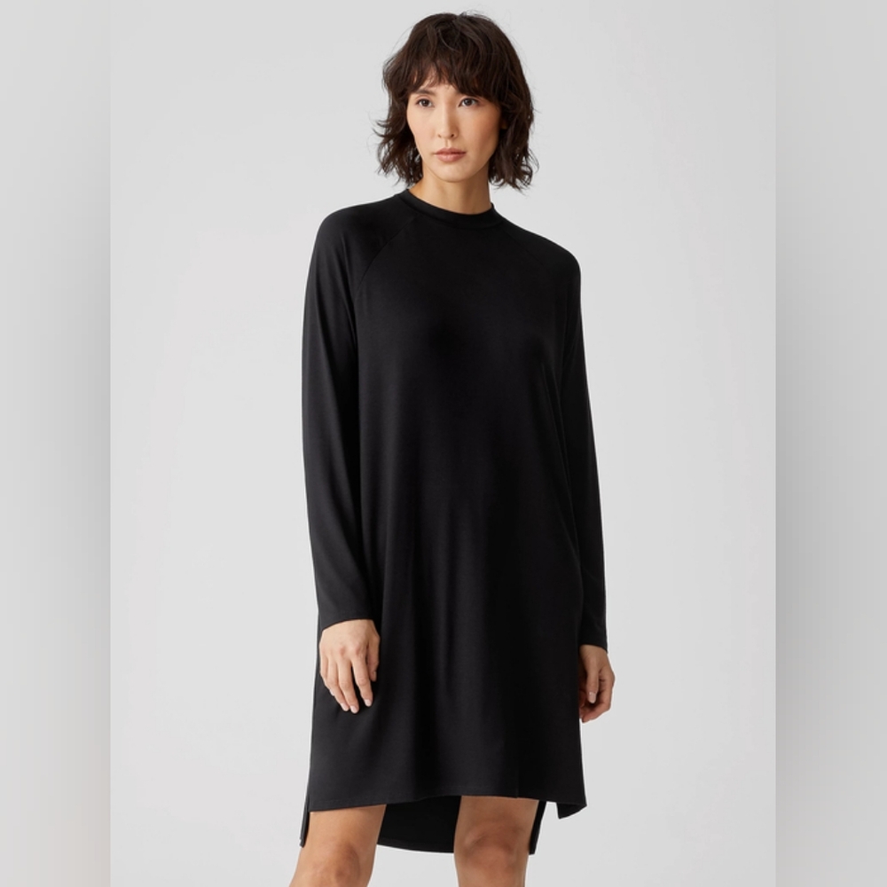 Eileen Fisher jersey black side slit mini tunic dress L